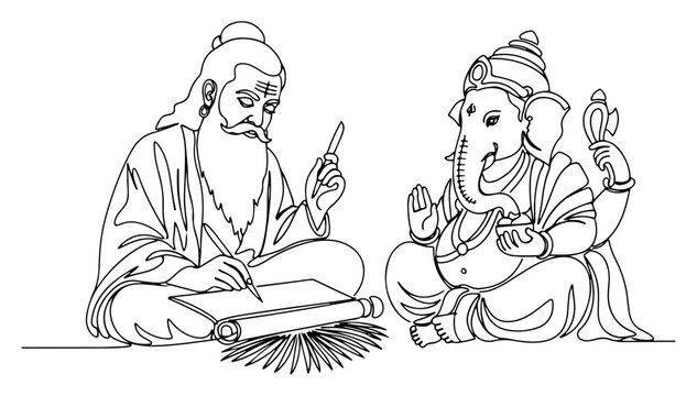 Lord Ganesha Writing Mahabharata with Sage Vyasa Continuous Line Drawing. Vector Hindu Mythology Illustration.