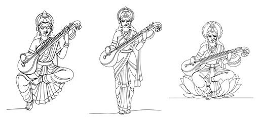 Goddess Saraswati with Veena Continuous Line Drawing Set. Vector Illustrations of the Hindu Goddess of Knowledge.