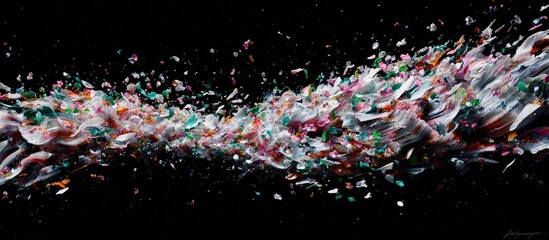 A vibrant, swirling stream of multicolored, fragmented shapes against a stark black background. The forms appear to be in motion, creating a dynamic and energetic composition