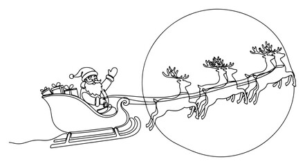 Santa Claus flying in a sleigh with reindeer against the full moon. Christmas Eve journey in a continuous one line drawing style. Vector illustration. © Wieslaw