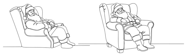 Sleeping Santa Claus in Armchair Continuous Line Drawing Set. Vector Christmas Holiday Illustration.