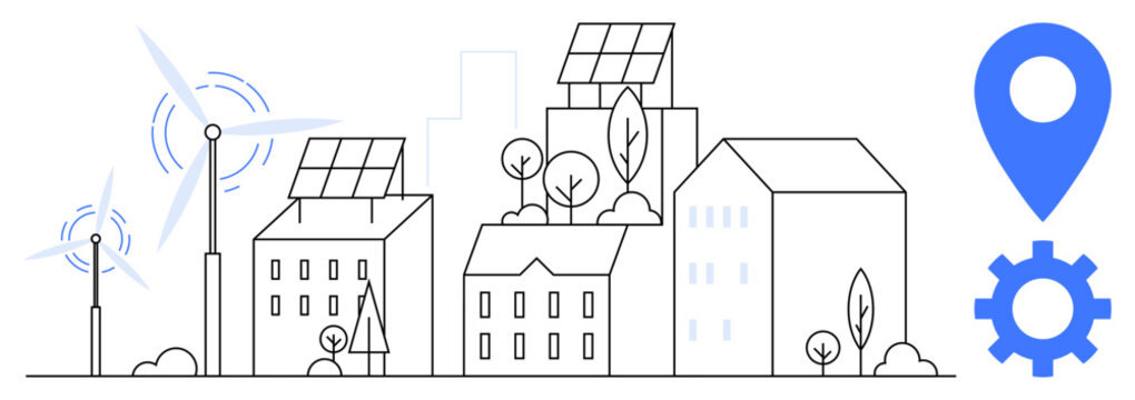 Buildings with solar panels, wind turbines, trees, GPS pin, and gear symbolizing renewable energy, urban innovation, and environmental sustainability. Ideal for eco-friendly design, urbanization