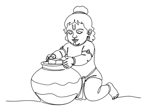Baby Krishna Stealing Butter from a Pot. Balakrishna Janmashtami Scene. One Continuous Line Art of Hindu Deity.