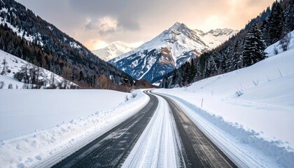 Winding Snow Covered Road Through Majestic Snow Capped Mountains Under a Dramatic Cloudy Sky at Sunset