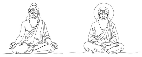 Meditating Hindu Sage Continuous Line Drawing Set. Vector Illustration of a Guru or Yogi in Lotus Pose.