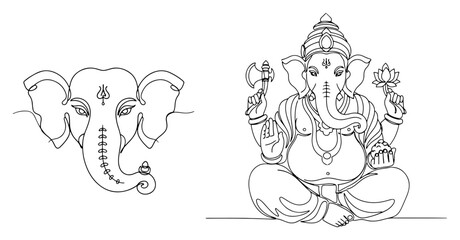 Lord Ganesha Set. Hindu Elephant God Portrait and Full Body Pose. One Continuous Line Art Vector Illustration.