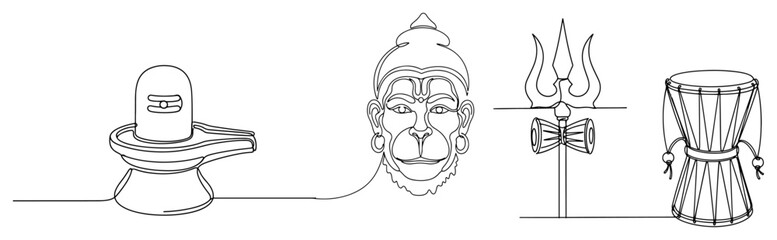 Hindu Symbols of Lord Shiva and Hanuman. One Continuous Line Art Collection with Lingam Trishula and Damaru. Vector Icons.