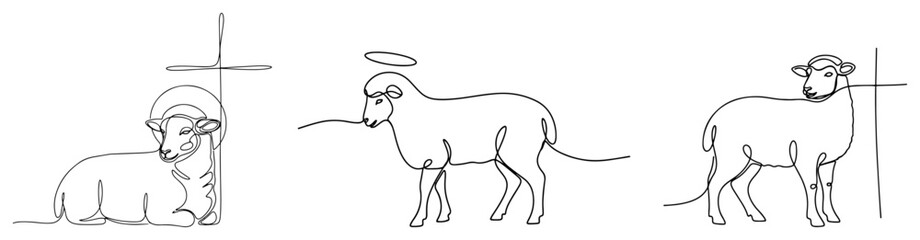 Lamb of God (Agnus Dei) set. Christian symbol of Jesus Christ in a continuous one line drawing style. Easter minimalist vector illustration.