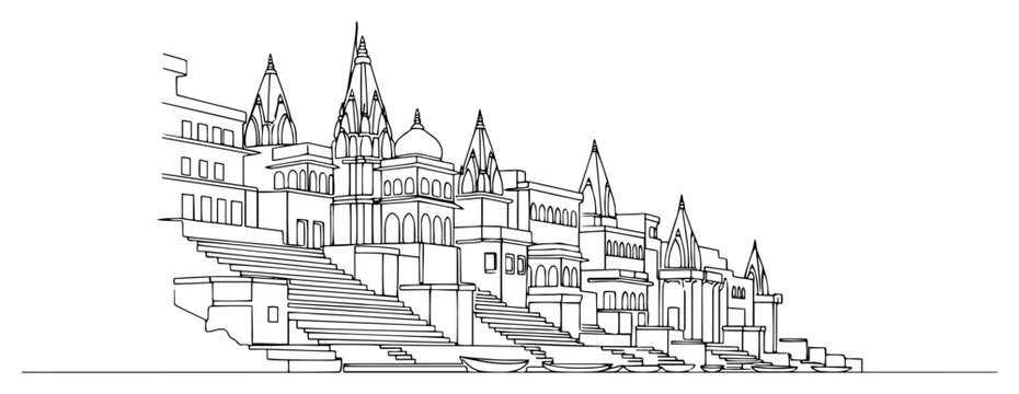 Varanasi city on the banks of the Ganges river in India. Famous sacred ghats in a continuous one line drawing style. Vector landmark illustration.
