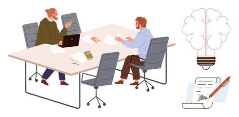 Two coworkers discussing ideas at a desk with documents, laptop, books, light bulb, and paper. Ideal for teamwork, brainstorming, creativity collaboration business innovation education. Simple