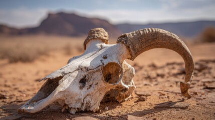 A ram skull lies on the sandy terrain surrounded by sparse vegetation. The sun casts shadows highlighting the detailed features of the bone against a backdrop of distant mountains.