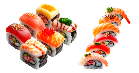 Assorted sushi rolls and nigiri isolated on a transparent background. A variety of stacked sushi and laying with fresh salmon, tuna, shrimp, and fish roe
