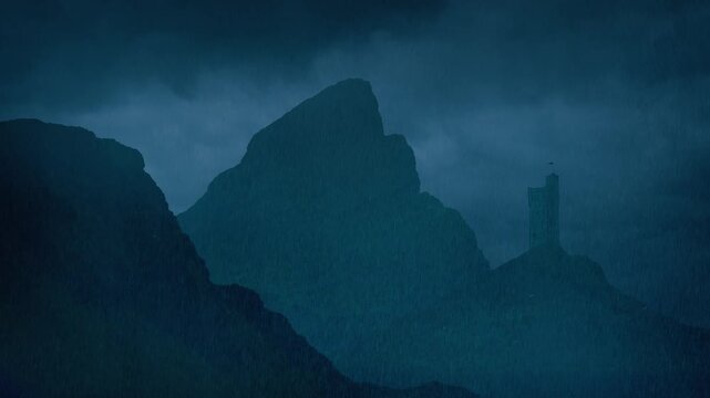 Raining On Castle In The Mountains Medieval Landscape
