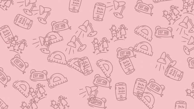 Many school supply doodles on light pink background. Suitable for educational materials, stationery products, or backtoschool promotions. Great for marketing.