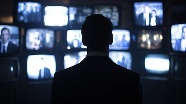Silhouette of person facing array of vintage televisions showing blue-toned images