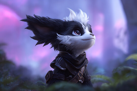 whimsical yordle character, cute, small female yordle with black and white fur, whimsical design, expressive face, and detailed fur wearing adventurous clothing and accessories