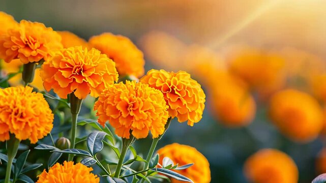 Vibrant Marigold Blossoms: Close-up of radiant, sun-kissed marigold flowers in full bloom. The warm hues and delicate details create a stunning floral display.