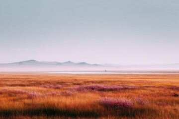 Misty autumnal plains.  Vast expanse of golden grass, pink wildflowers, hazy mountains