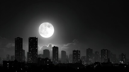 Dark monochrome city skyline under a bright full moon, silhouetted buildings