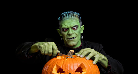 Cute Frankenstein Monster Carving a Halloween Pumpkin with Humorous Expression