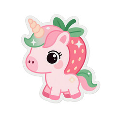 Fototapeta premium Cute Kawaii Strawberry Unicorn with Pink Body and Green Leaves