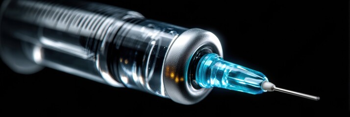 Detailed close-up of a syringe filled with blue liquid, highlighting the sleek design and precision of the needle, set against a dark backdrop.