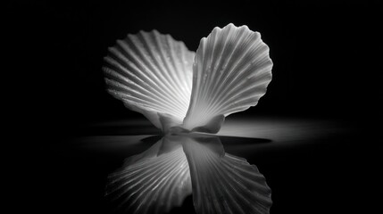 White scallop shell, dramatically lit, reflected in a glossy surface against black backdrop