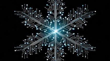 Unique snowflake formed by electronic circuits and glowing nodes, representing the fusion of nature and technology in a creative design.