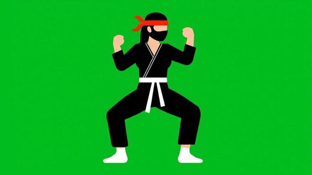 Dynamic 2D Animation of a Ninja Warrior in a Fighting Pose on a Green Screen Background