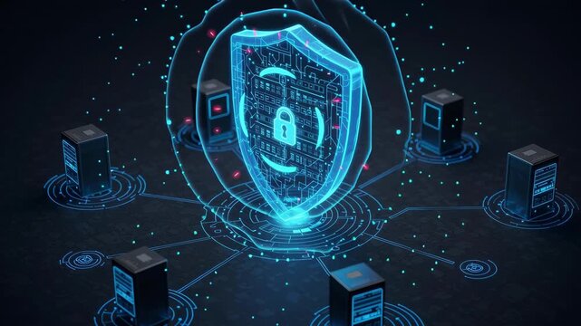 Digital shield protecting networked servers on a dark background. Cybersecurity and data protection concept.
