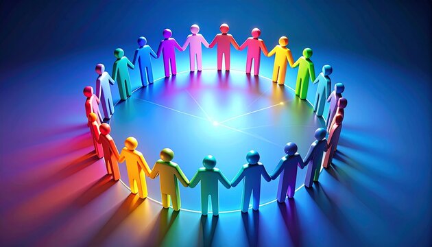 Figurines humaines stylis&eacute;es et multicolores se tenant la main en cercle, symbolisant l'unit&eacute;, la diversit&eacute;, le travail d'&eacute;quipe et la communaut&eacute;