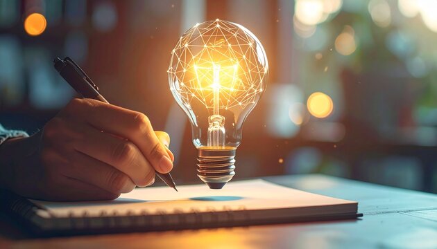 Main &eacute;crivant dans un cahier &agrave; c&ocirc;t&eacute; d'une ampoule lumineuse avec un filament g&eacute;om&eacute;trique, symbolisant l'id&eacute;e, l'innovation et la cr&eacute;ativit&eacute;