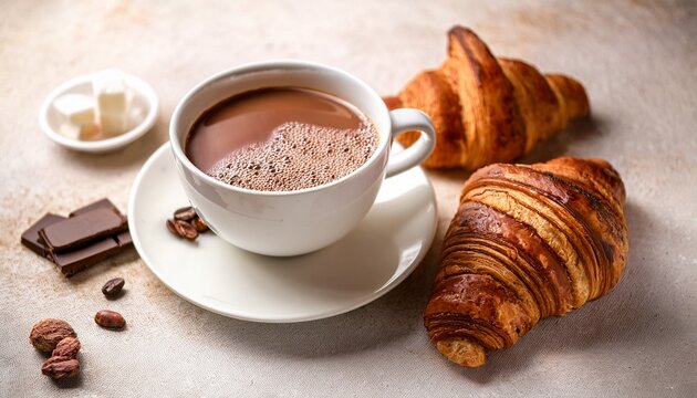 Cup Of Coffee With Croissants A Slice Of Natural Cocoa Liquor Milk And Cane Organic Unrefined Sugar On A Light Vintage Provence Background Healthy Vegetarian Food