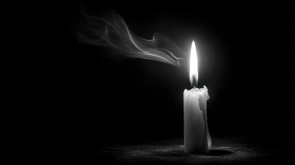 A lit white candle burns, with smoke curling, against a dark, solid background