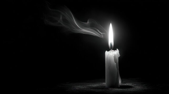 A lit white candle burns, with smoke curling, against a dark, solid background