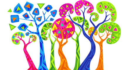 Fototapeta premium Vector illustration of a whimsical forest with colorful trees and geometric shapes in the foliage