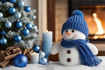 Snowman with blue scarf surrounded