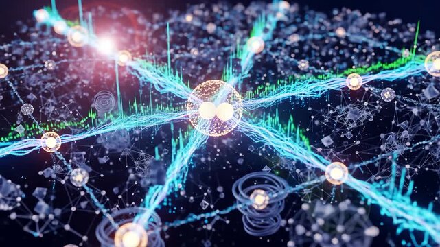 Futuristic Digital Data Flow in Abstract Neural Network Grid with Glowing Connections and Energy Pulses