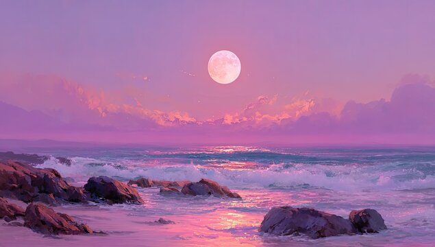 Pink sunset over a tranquil ocean, full moon reflecting on calm waves breaking against rocky shore