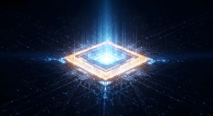 A glowing futuristic CPU processor with digital light streams on a dark background.