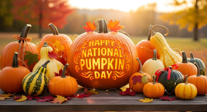 Happy National Pumpkin Day text carved on an illuminated pumpkin with autumn gourds