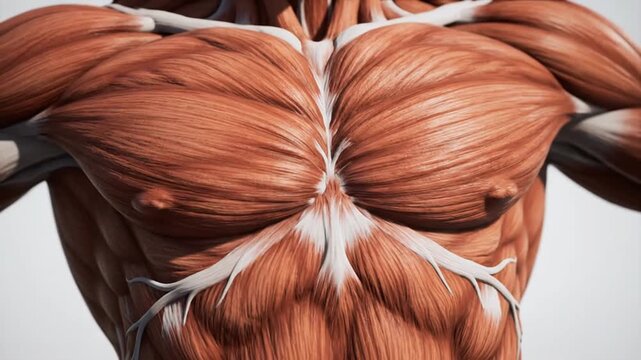 Dynamic Human Torso Muscle Anatomy 3D Render: Detailed Pectoral Contraction and Respiration Simulation