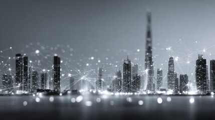 Modern city skyline at night illuminated with connecting network lines emphasizing technology, connectivity, urban development, high-rise buildings and digital infrastructure