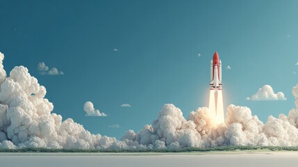 Dramatic scene of a rocket launching into the sky with bright flames and thick smoke clouds du daytime, high altitude perspective, inspi space exploration