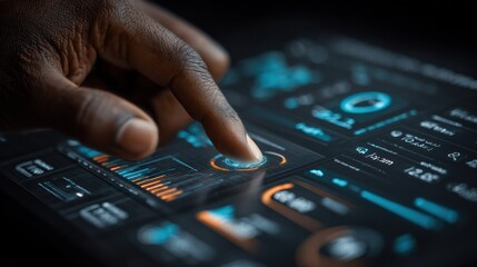 Modern digital data analysis and financial technology using a touchscreen interface on a high-tech tablet with graphs charts and financial metrics in a professional setting