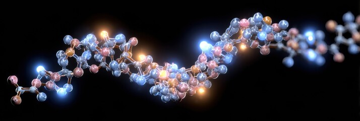 Colorful model of a molecular structure showcasing various atoms connected by bonds, illuminated against a dark background, emphasizing intricate details.