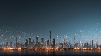 Fototapeta premium Vibrant modern city skyline featu illuminated skyscrapers and tall buildings at night with digital network overlay and reflections on water for urban technology concept