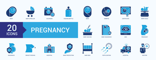 Pregnancy icon collection flat blue set with baby, baby stroller, calendar, feeding bottle, baby, embryo, certificate