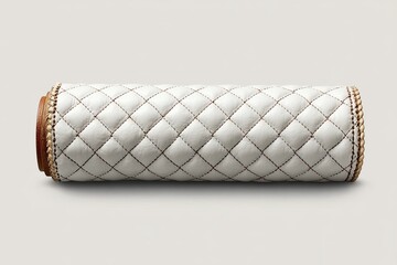 Rolled off-white quilted bolster with brown stitching and wooden ends