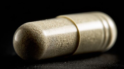 A close-up of a herbal capsule sitting on a black surface shows the intricate texture and subtle color variations of the capsule shell.
